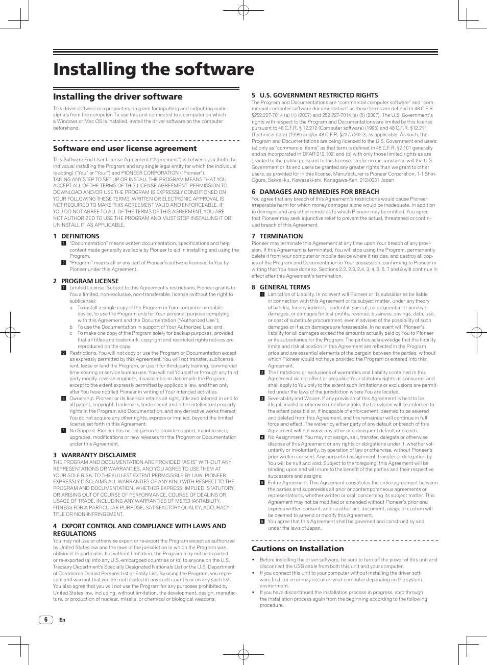 Installing the software, Installing the driver software, Software end user license agreement | Cautions on installation | Pioneer DJM-900SRT User Manual | Page 6 / 200