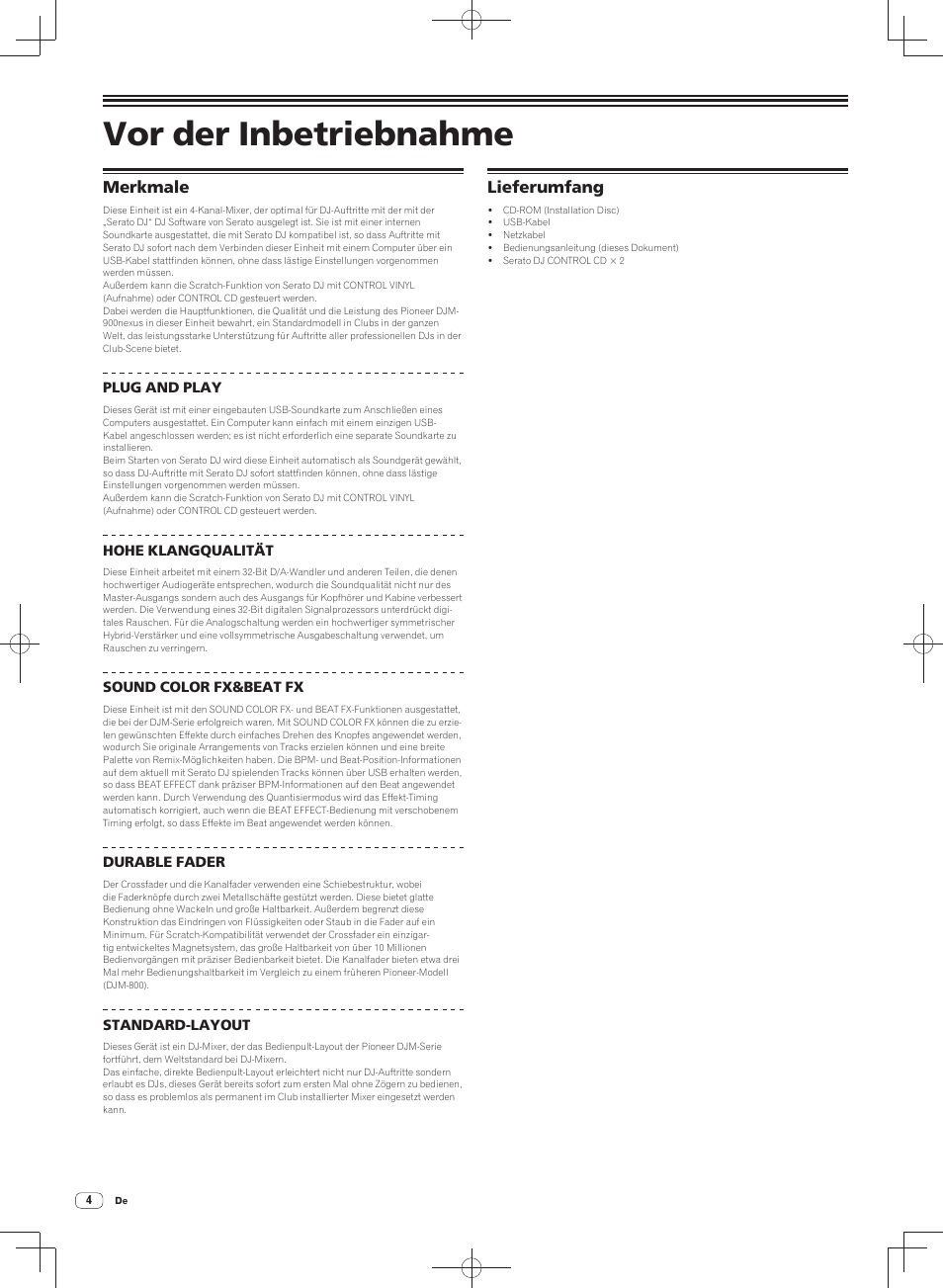 Vor der inbetriebnahme, Merkmale lieferumfang | Pioneer DJM-900SRT User Manual | Page 60 / 200