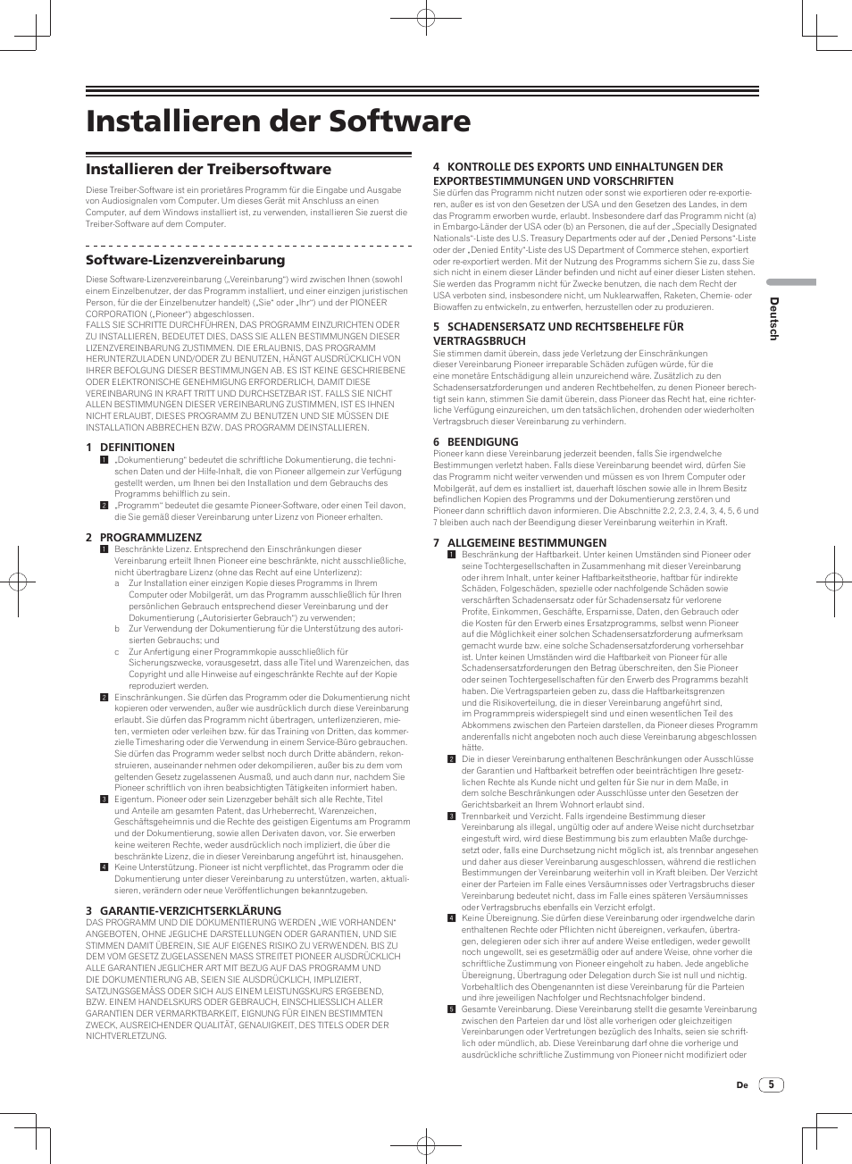 Installieren der software, Installieren der treibersoftware, Software-lizenzvereinbarung | Pioneer DJM-900SRT User Manual | Page 61 / 200