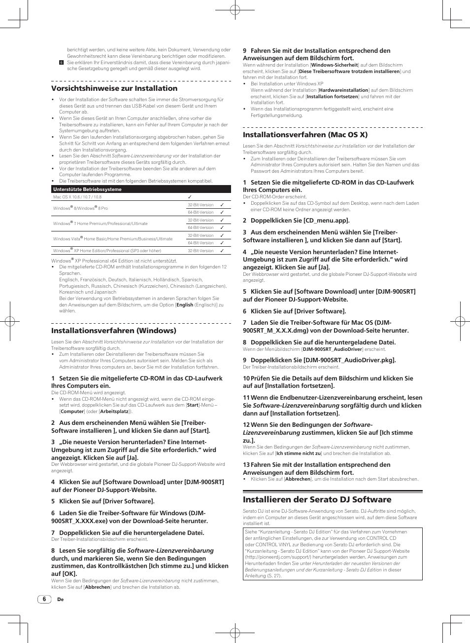 Installieren der serato dj software, Vorsichtshinweise zur installation, Installationsverfahren (windows) | Installationsverfahren (mac os x) | Pioneer DJM-900SRT User Manual | Page 62 / 200
