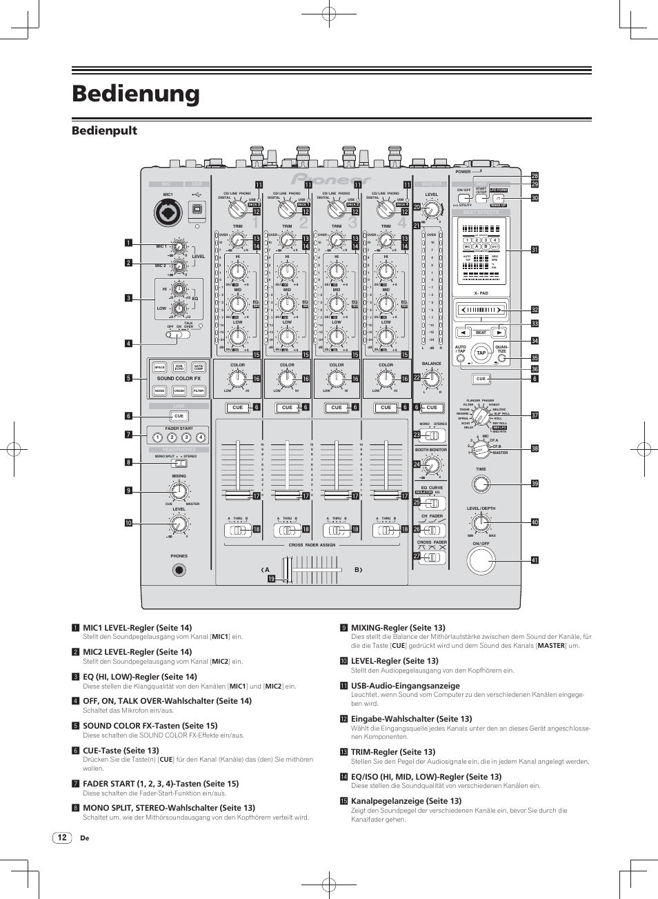 Bedienung, Bedienpult, 2 mic2 level-regler (seite 14) | 3 eq (hi, low)-regler (seite 14), 4 off, on, talk over-wahlschalter (seite 14), 5 sound color fx-tasten (seite 15), 6 cue-taste (seite 13), 8 mono split, stereo-wahlschalter (seite 13), 9 mixing-regler (seite 13), A level-regler (seite 13) | Pioneer DJM-900SRT User Manual | Page 68 / 200