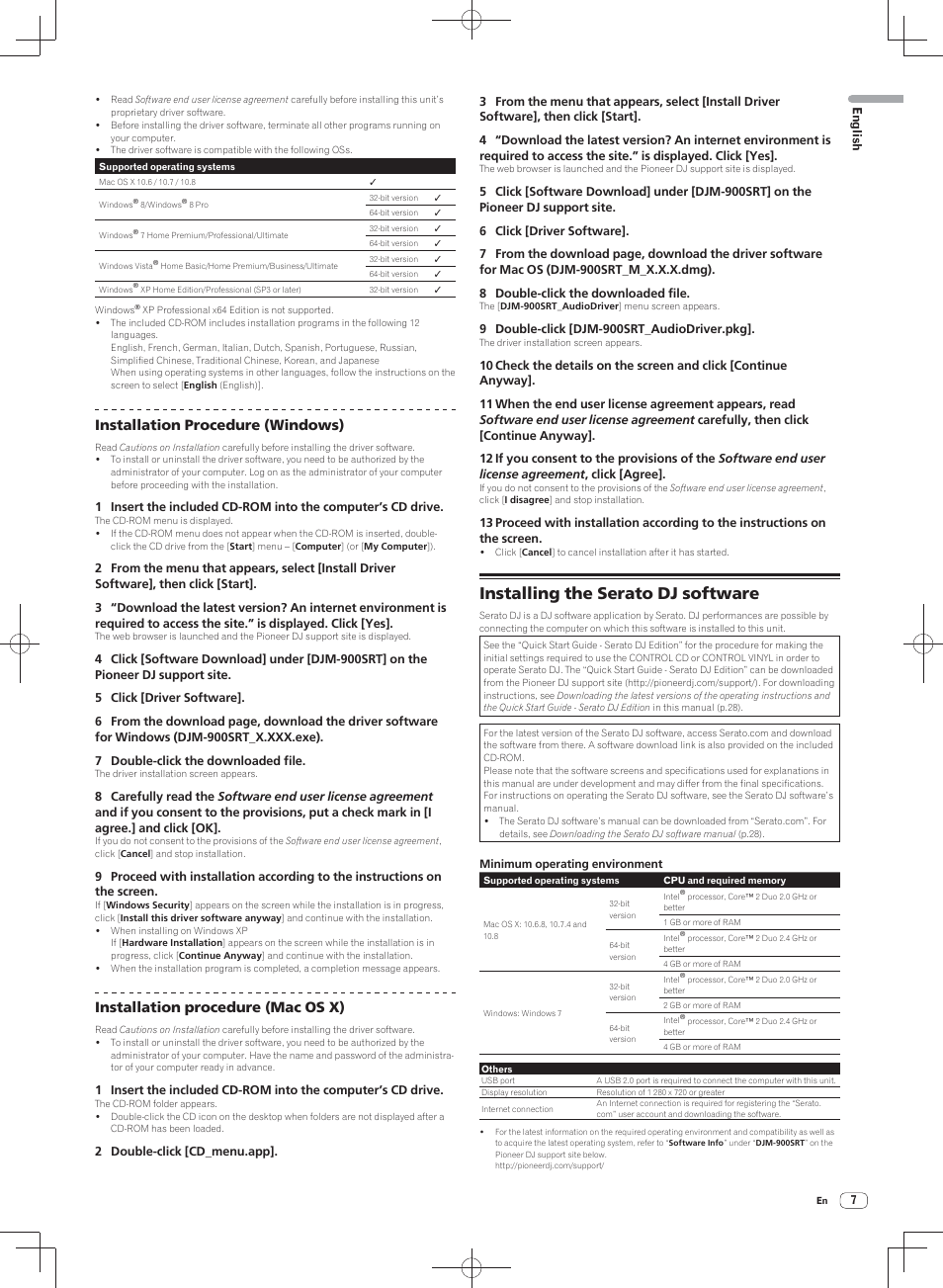 Installing the serato dj software, Installation procedure (windows), Installation procedure (mac os x) | Pioneer DJM-900SRT User Manual | Page 7 / 200