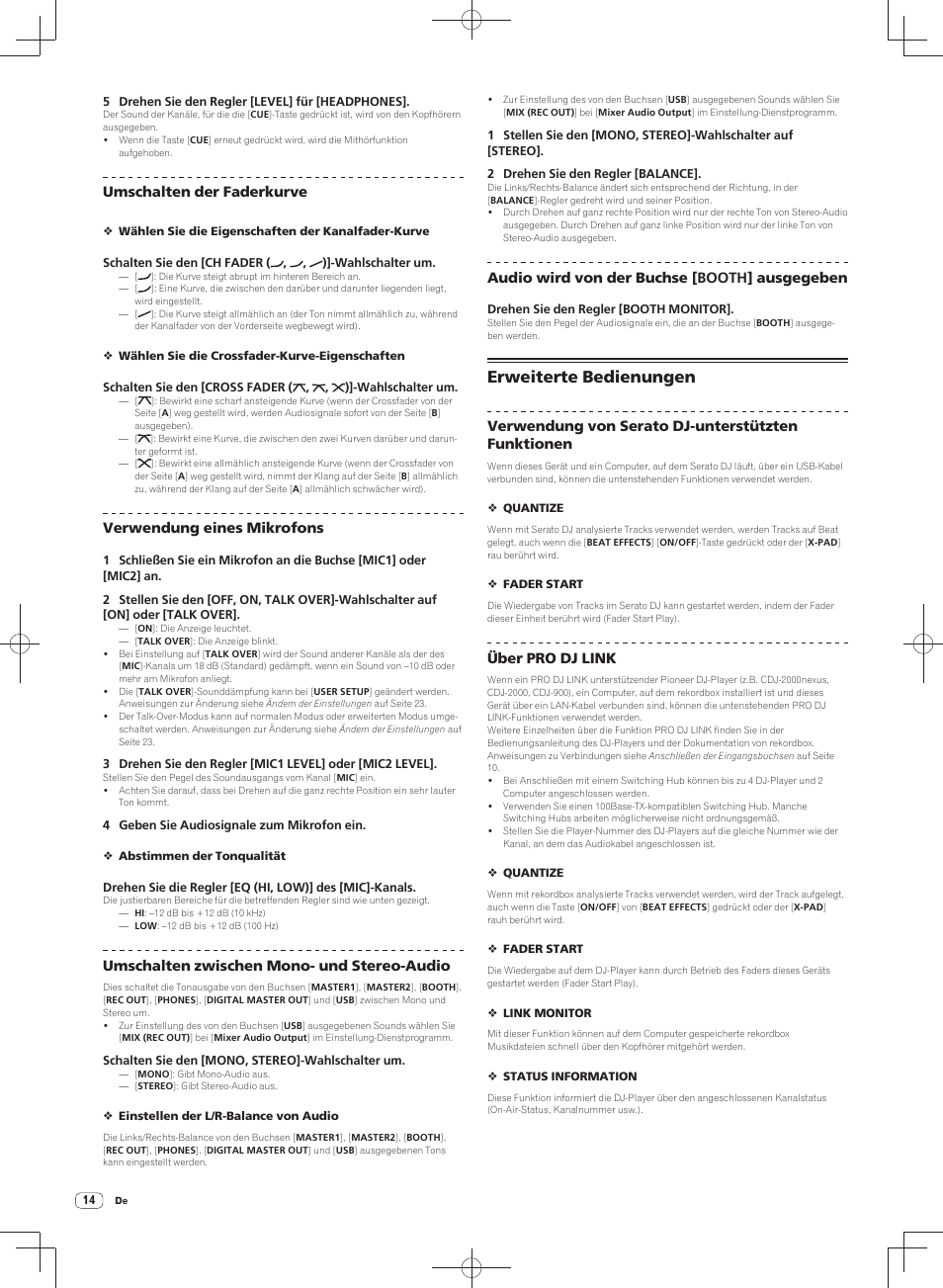 Erweiterte bedienungen, Umschalten der faderkurve, Verwendung eines mikrofons | Umschalten zwischen mono- und stereo-audio, Audio wird von der buchse [ booth ] ausgegeben, Verwendung von serato dj-unterstützten funktionen, Über pro dj link | Pioneer DJM-900SRT User Manual | Page 70 / 200