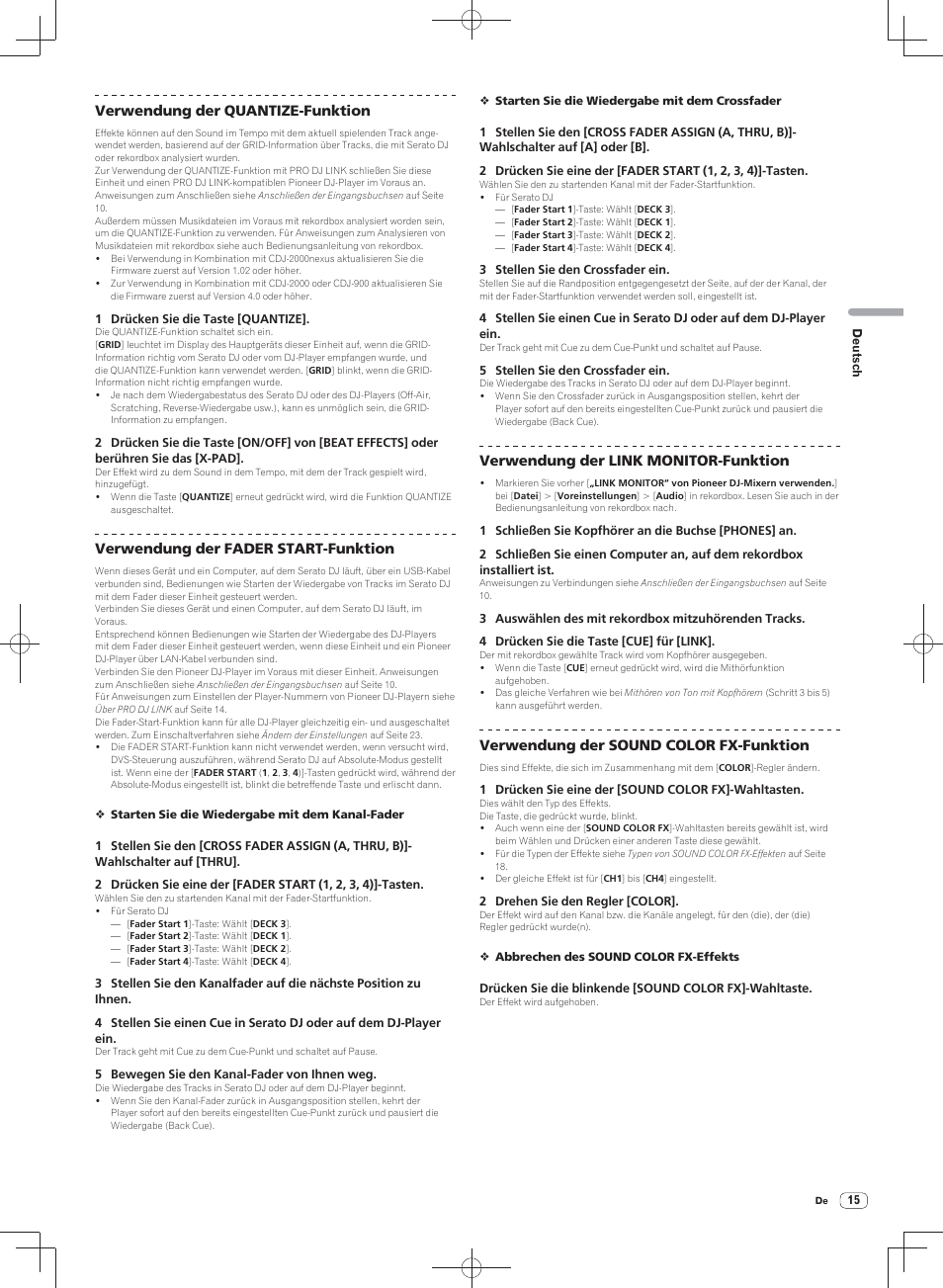 Verwendung der quantize-funktion, Verwendung der fader start-funktion, Verwendung der link monitor-funktion | Verwendung der sound color fx-funktion | Pioneer DJM-900SRT User Manual | Page 71 / 200
