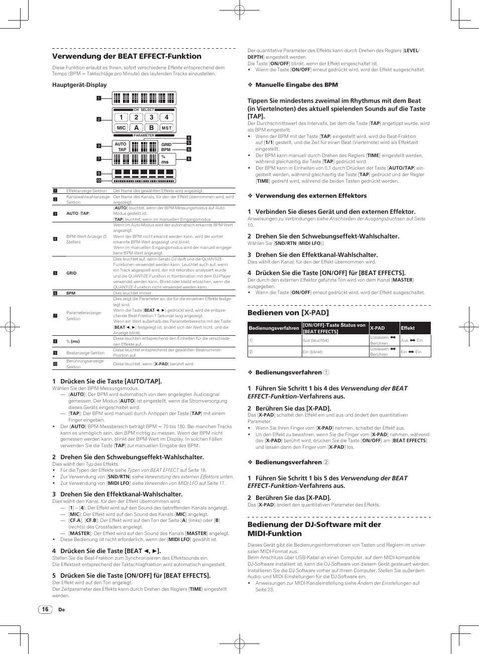 Verwendung der beat effect-funktion, Bedienen von [ x-pad, Bedienung der dj-software mit der midi-funktion | Pioneer DJM-900SRT User Manual | Page 72 / 200