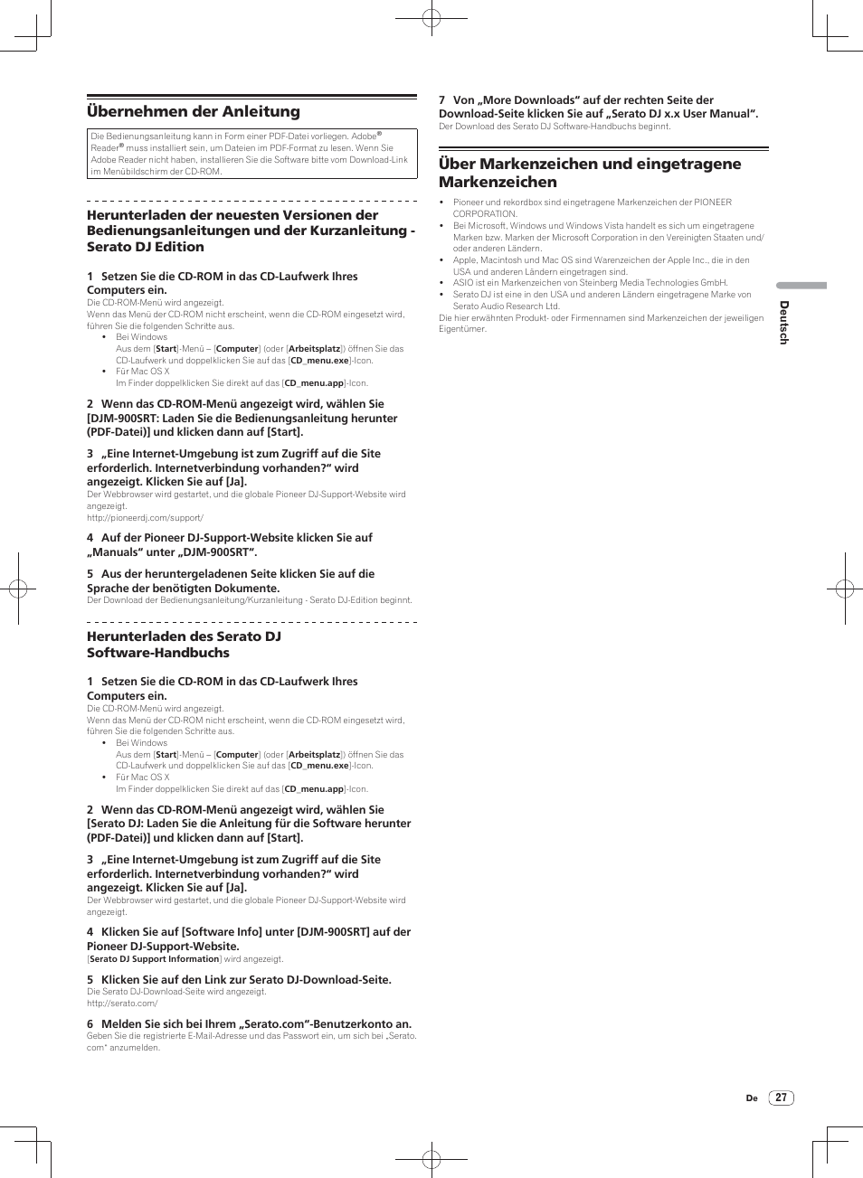 Übernehmen der anleitung, Über markenzeichen und eingetragene markenzeichen, Herunterladen des serato dj software-handbuchs | Pioneer DJM-900SRT User Manual | Page 83 / 200