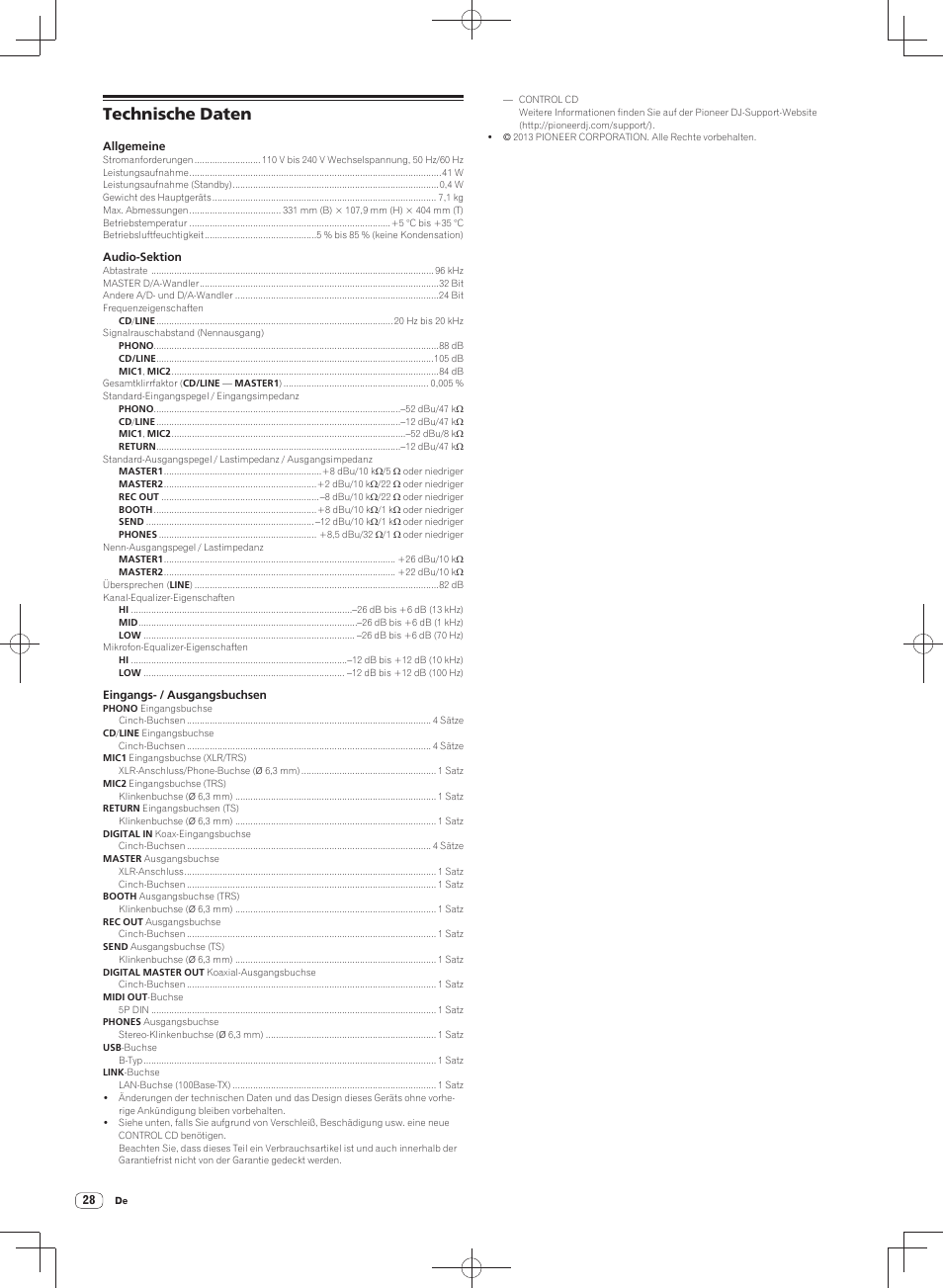 Technische daten | Pioneer DJM-900SRT User Manual | Page 84 / 200