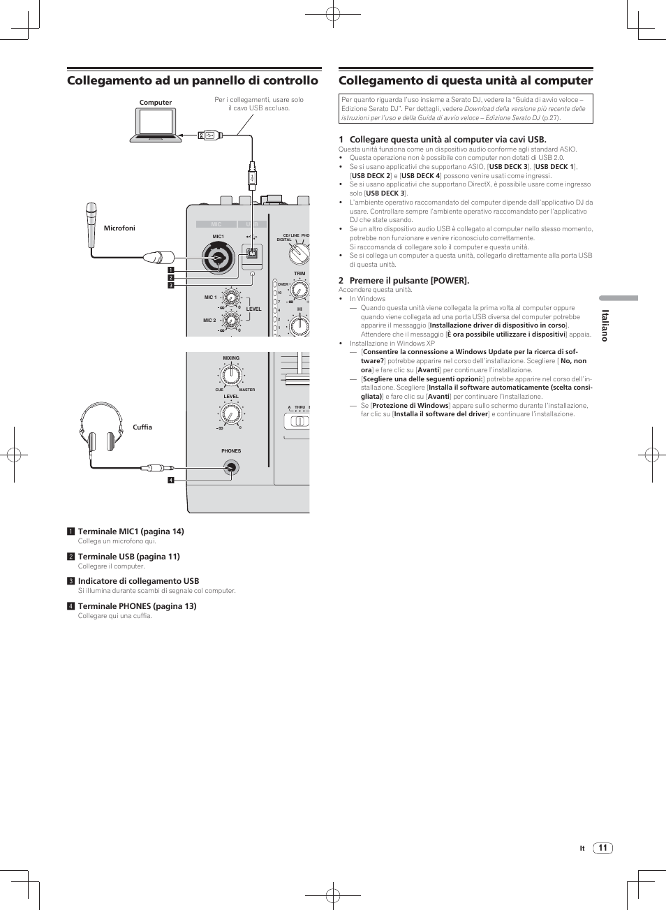 Collegamento ad un pannello di controllo, Collegamento di questa unità al computer, Italiano | 1 terminale mic1 (pagina 14), 2 terminale usb (pagina 11), 3 indicatore di collegamento usb, 4 terminale phones (pagina 13), 1 collegare questa unità al computer via cavi usb, 2 premere il pulsante [power | Pioneer DJM-900SRT User Manual | Page 95 / 200
