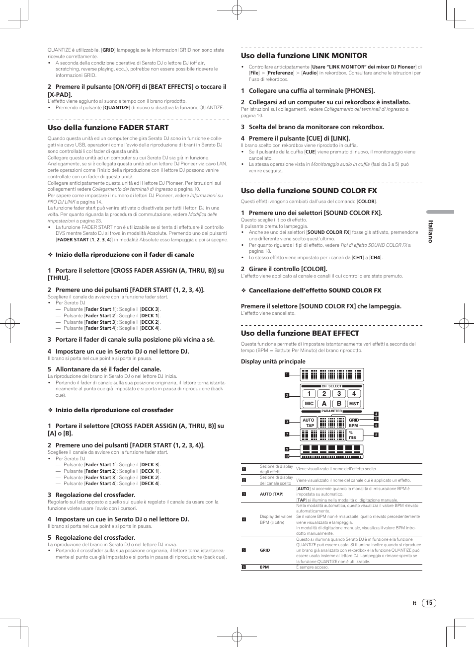 Uso della funzione fader start, Uso della funzione link monitor, Uso della funzione sound color fx | Uso della funzione beat effect | Pioneer DJM-900SRT User Manual | Page 99 / 200