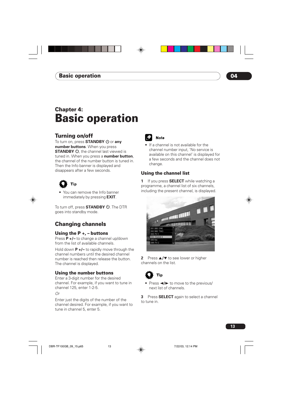 04 basic operation, Turning on/off, Changing channels | Basic operation, Basic operation 04, Chapter 4 | Pioneer DBR-TF100GB User Manual | Page 13 / 40