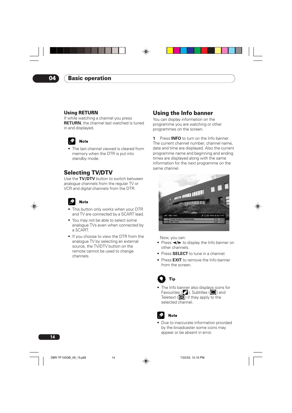 Selecting tv/dtv using the info banner, Basic operation 04, Using the info banner | Selecting tv/dtv | Pioneer DBR-TF100GB User Manual | Page 14 / 40