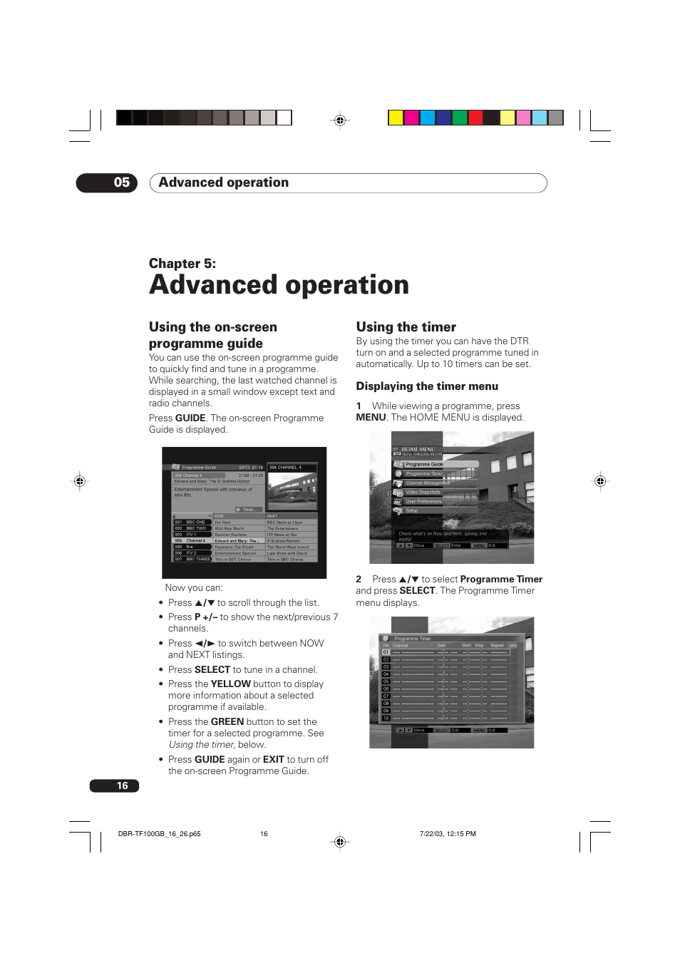 05 advanced operation, Using the on-screen programme, Guide | Using the timer, Advanced operation, Advanced operation 05, Chapter 5, Using the on-screen programme guide | Pioneer DBR-TF100GB User Manual | Page 16 / 40