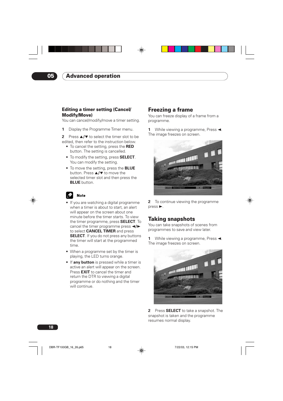 Freezing a frame, Taking snapshots, Advanced operation 05 | Pioneer DBR-TF100GB User Manual | Page 18 / 40