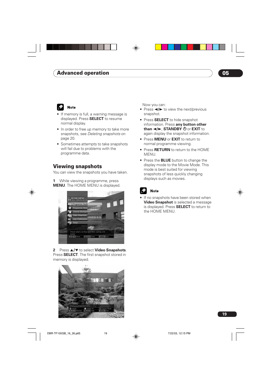 Viewing snapshots, Advanced operation 05 | Pioneer DBR-TF100GB User Manual | Page 19 / 40