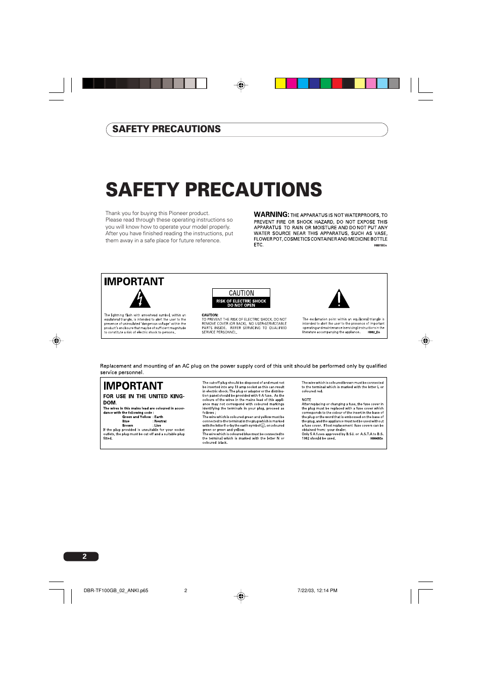 Safety precautions | Pioneer DBR-TF100GB User Manual | Page 2 / 40