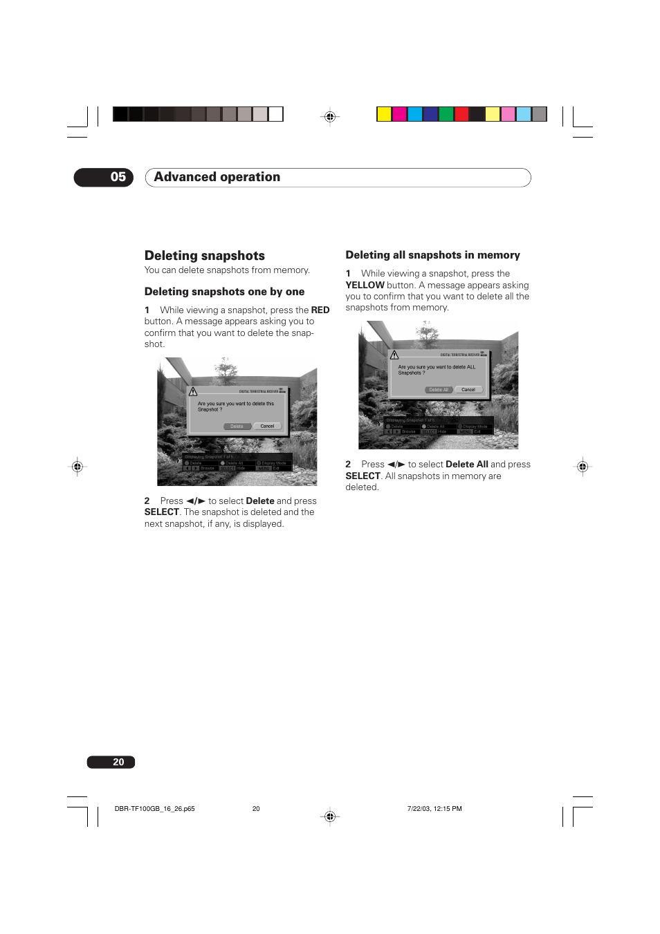 Deleting snapshots, Advanced operation 05 | Pioneer DBR-TF100GB User Manual | Page 20 / 40