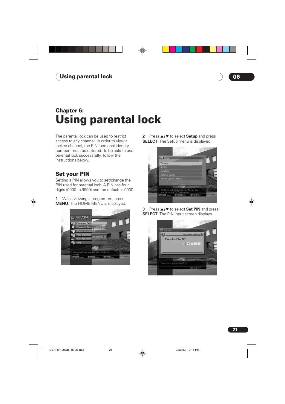 06 using parental lock, Set your pin, Using parental lock | Using parental lock 06, Chapter 6 | Pioneer DBR-TF100GB User Manual | Page 21 / 40