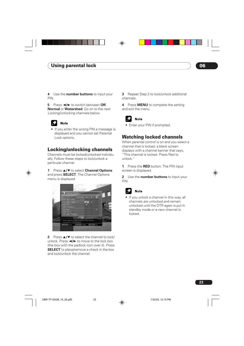 Locking/unlocking channels, Watching locked channels, Using parental lock 06 | Pioneer DBR-TF100GB User Manual | Page 23 / 40