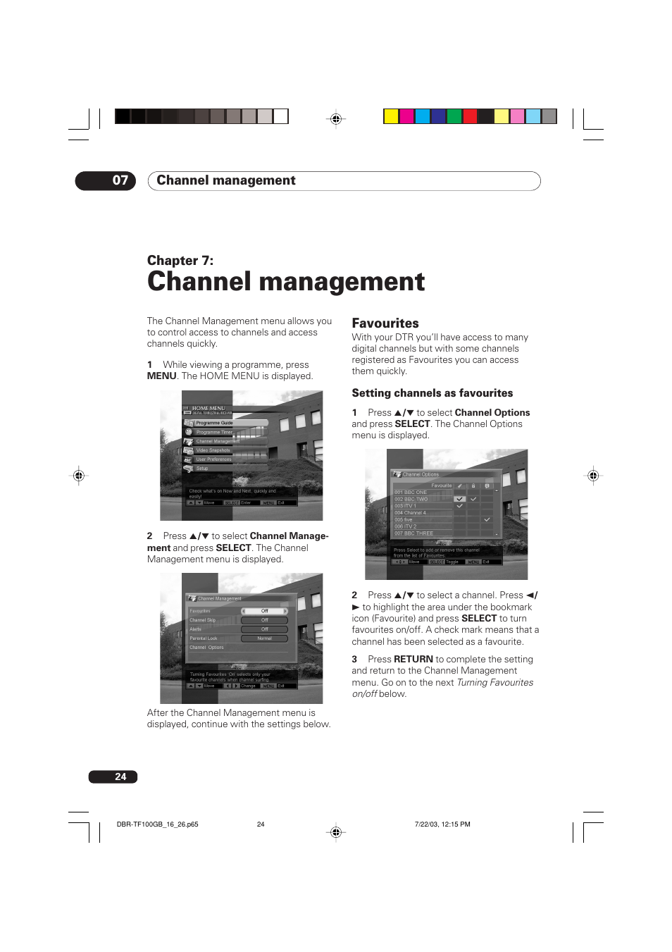 07 channel management, Favourites, Channel management | Channel management 07, Chapter 7 | Pioneer DBR-TF100GB User Manual | Page 24 / 40