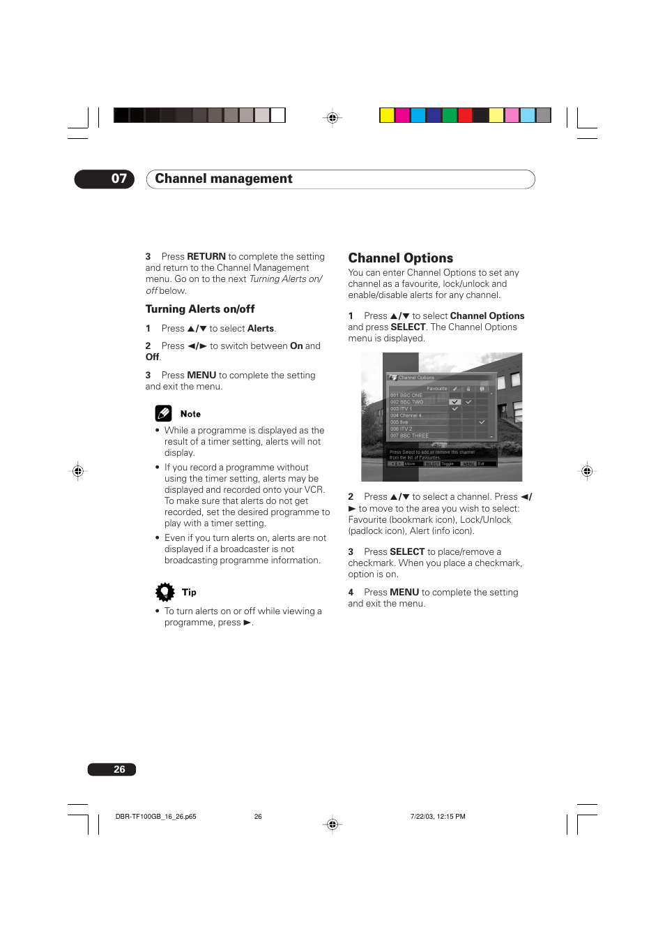 Channel options, Channel management 07 | Pioneer DBR-TF100GB User Manual | Page 26 / 40