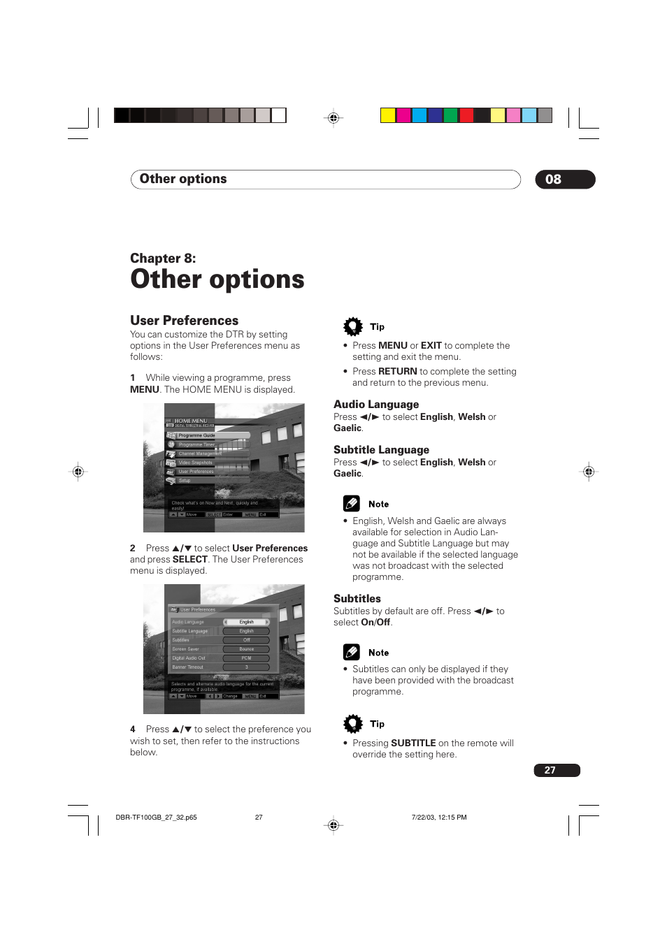 08 other options, User preferences, Other options | Other options 08, Chapter 8 | Pioneer DBR-TF100GB User Manual | Page 27 / 40