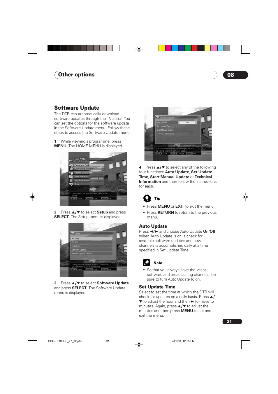 Software update, Other options 08 | Pioneer DBR-TF100GB User Manual | Page 31 / 40