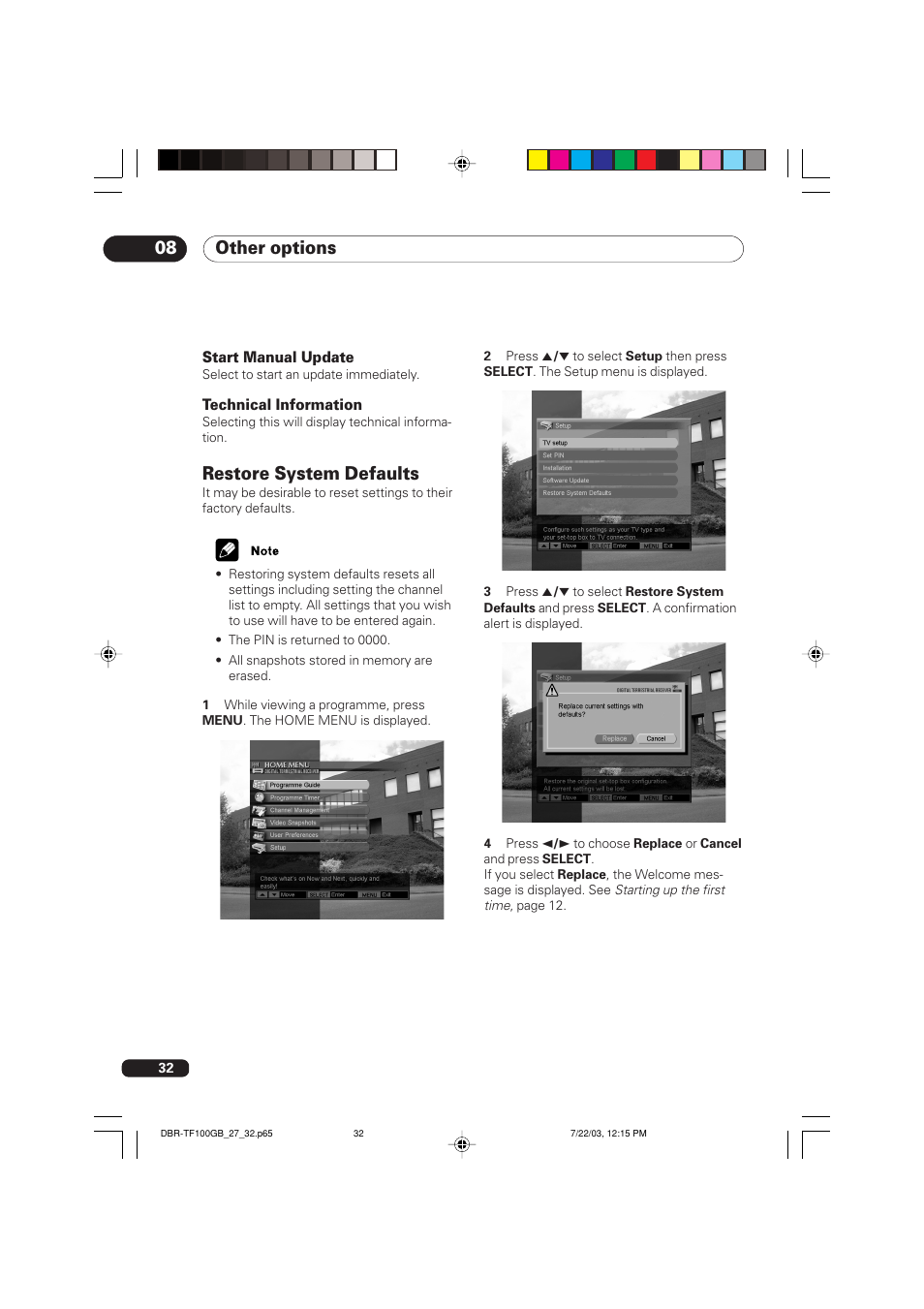 Restore system defaults, Other options 08 | Pioneer DBR-TF100GB User Manual | Page 32 / 40