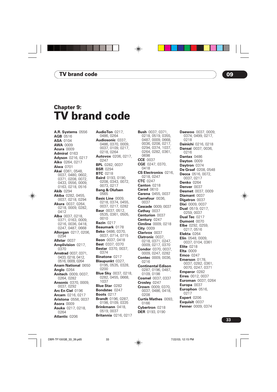 09 tv brand code, Tv brand code, Chapter 9 | Pioneer DBR-TF100GB User Manual | Page 33 / 40