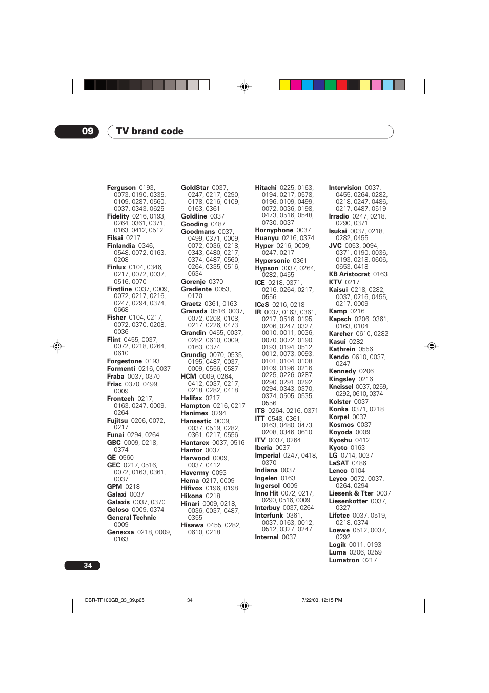 Tv brand code | Pioneer DBR-TF100GB User Manual | Page 34 / 40