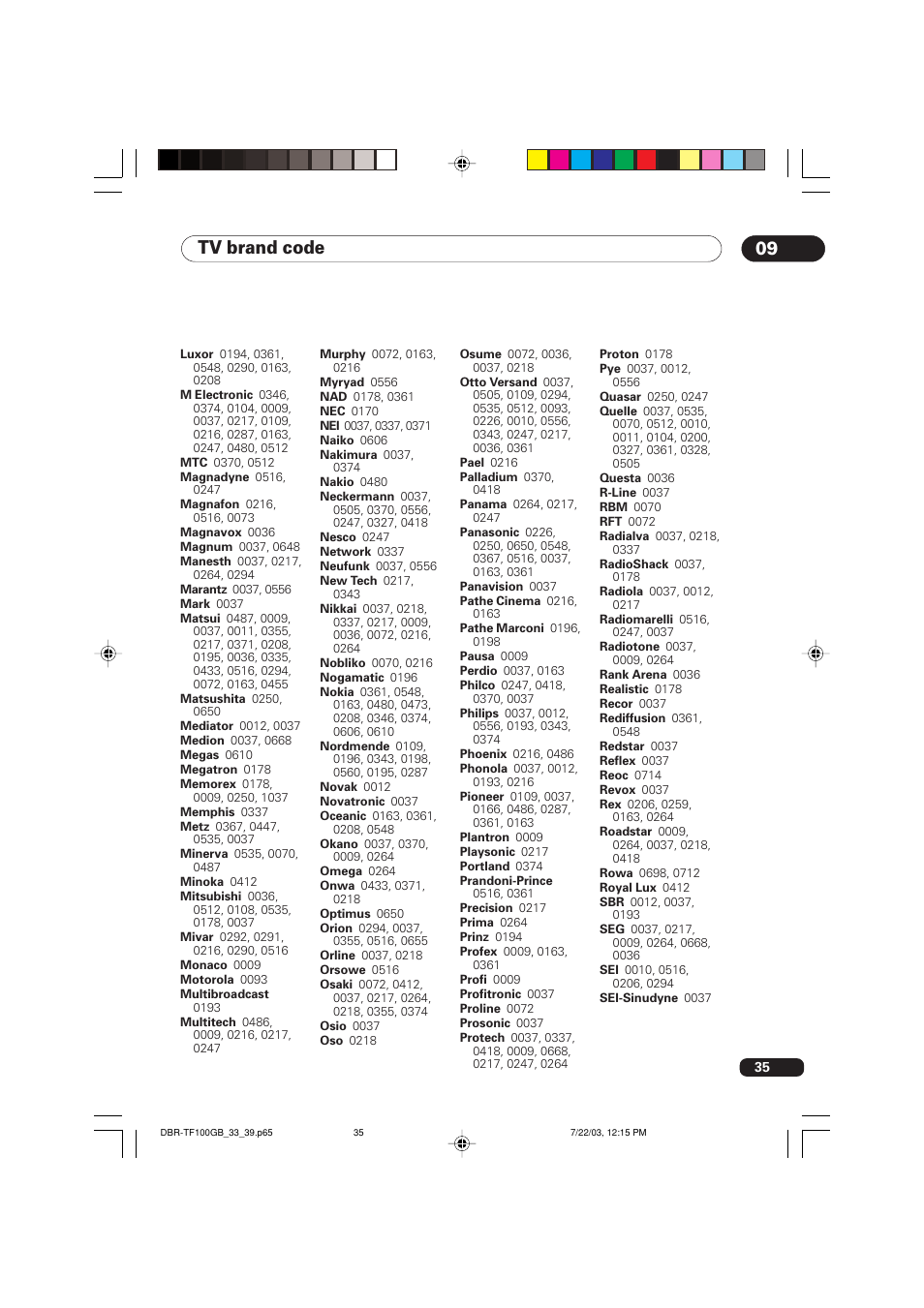 Tv brand code | Pioneer DBR-TF100GB User Manual | Page 35 / 40