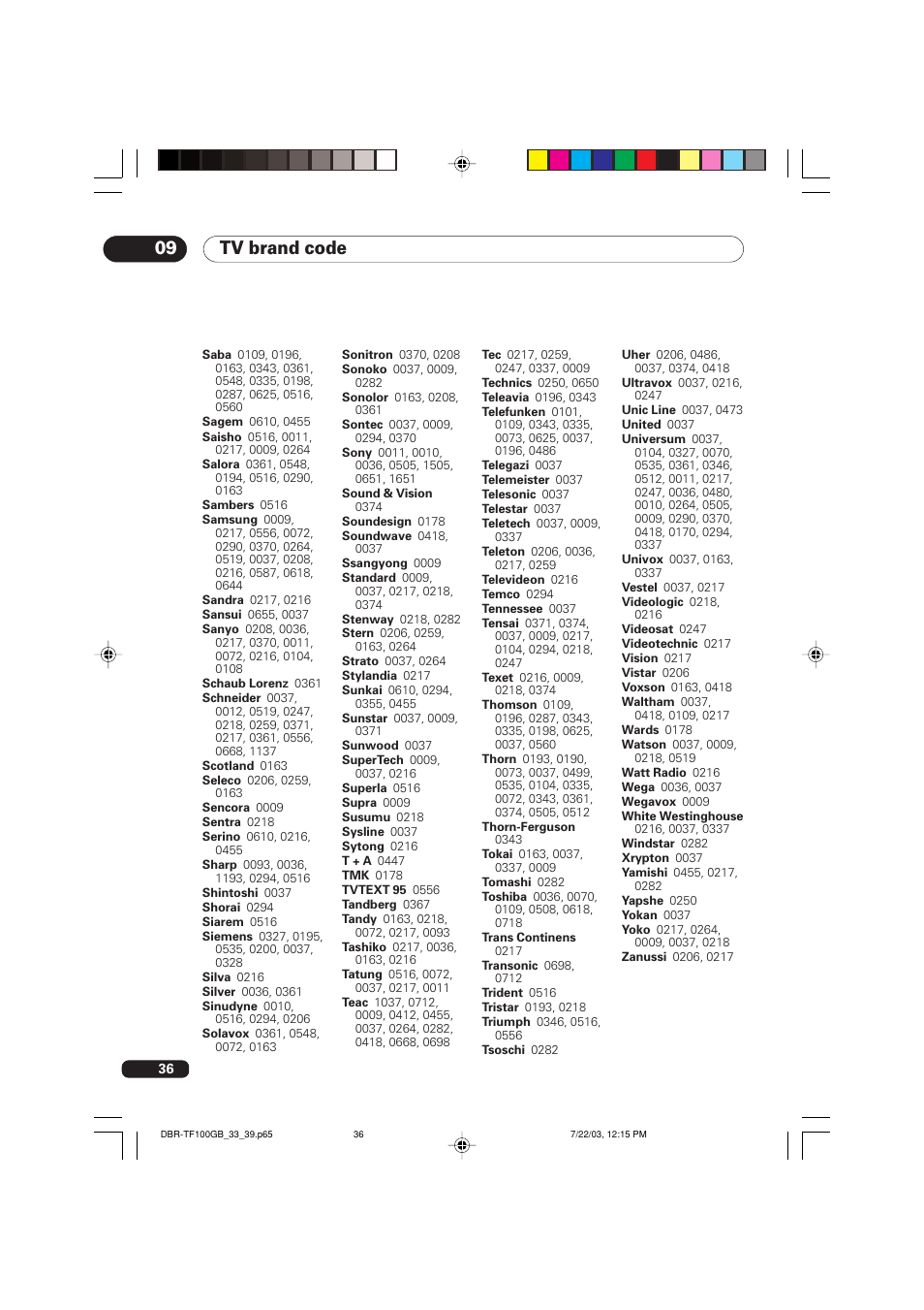 Tv brand code | Pioneer DBR-TF100GB User Manual | Page 36 / 40