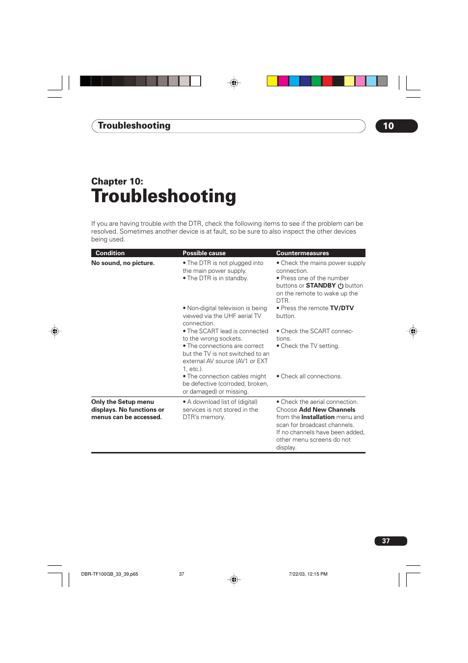 10 troubleshooting, Troubleshooting, Troubleshooting 10 | Chapter 10 | Pioneer DBR-TF100GB User Manual | Page 37 / 40