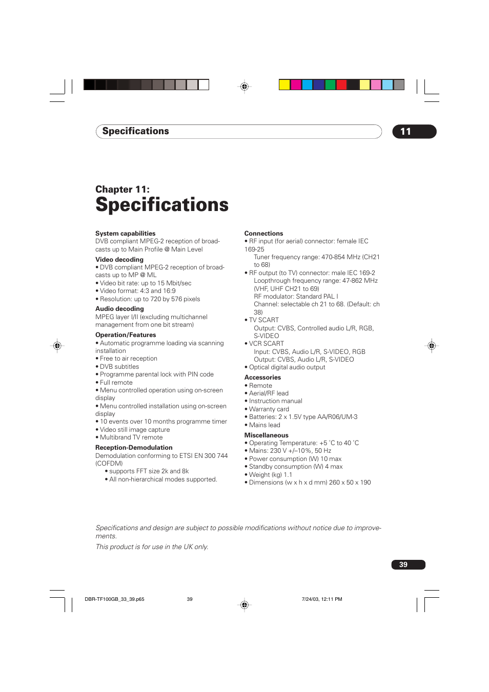 11 specifications, Specifications, Specifications 11 | Chapter 11 | Pioneer DBR-TF100GB User Manual | Page 39 / 40