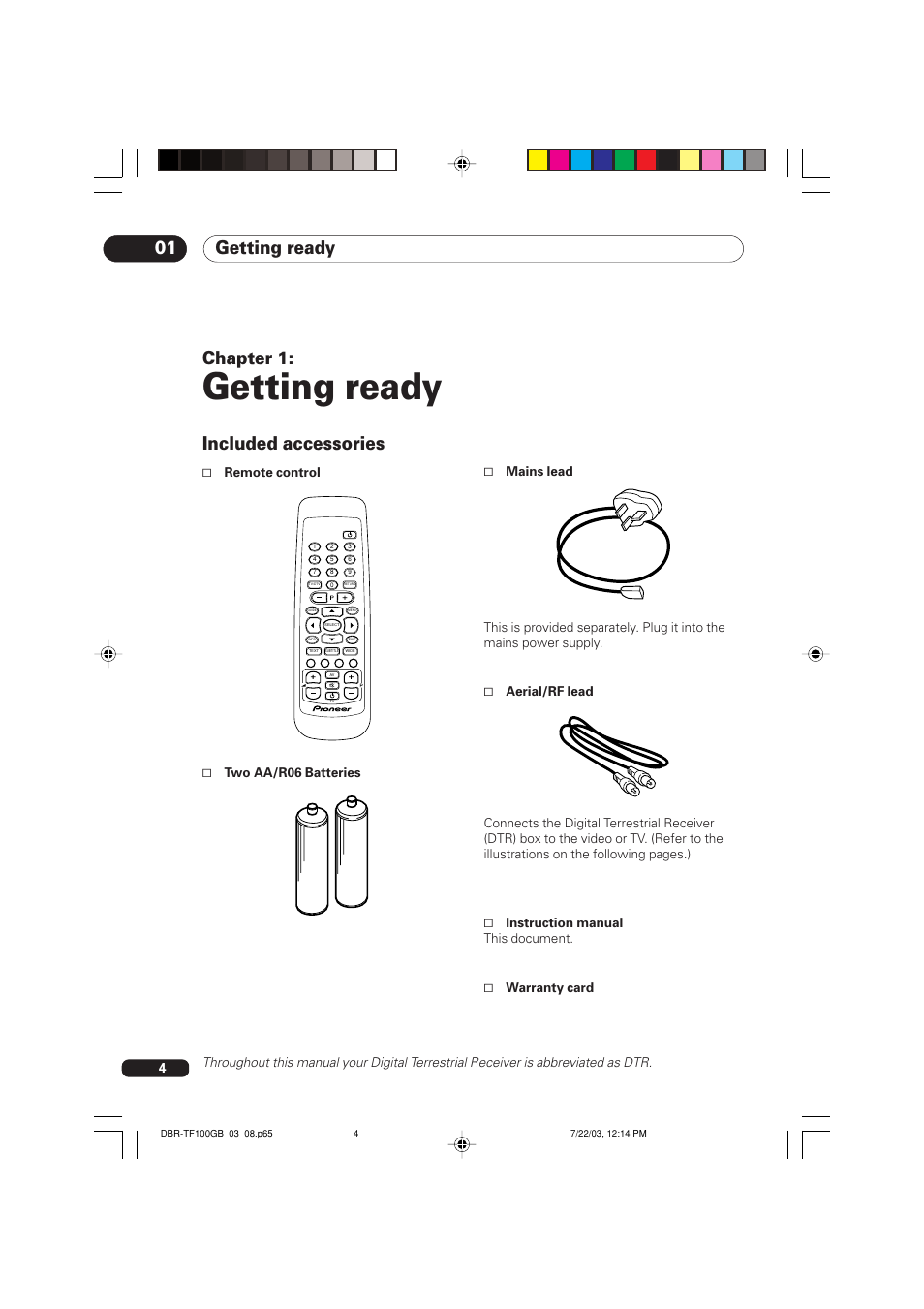 01 getting ready, Included accessories, Getting ready | Getting ready 01, Chapter 1, Remote control, Two aa/r06 batteries | Pioneer DBR-TF100GB User Manual | Page 4 / 40
