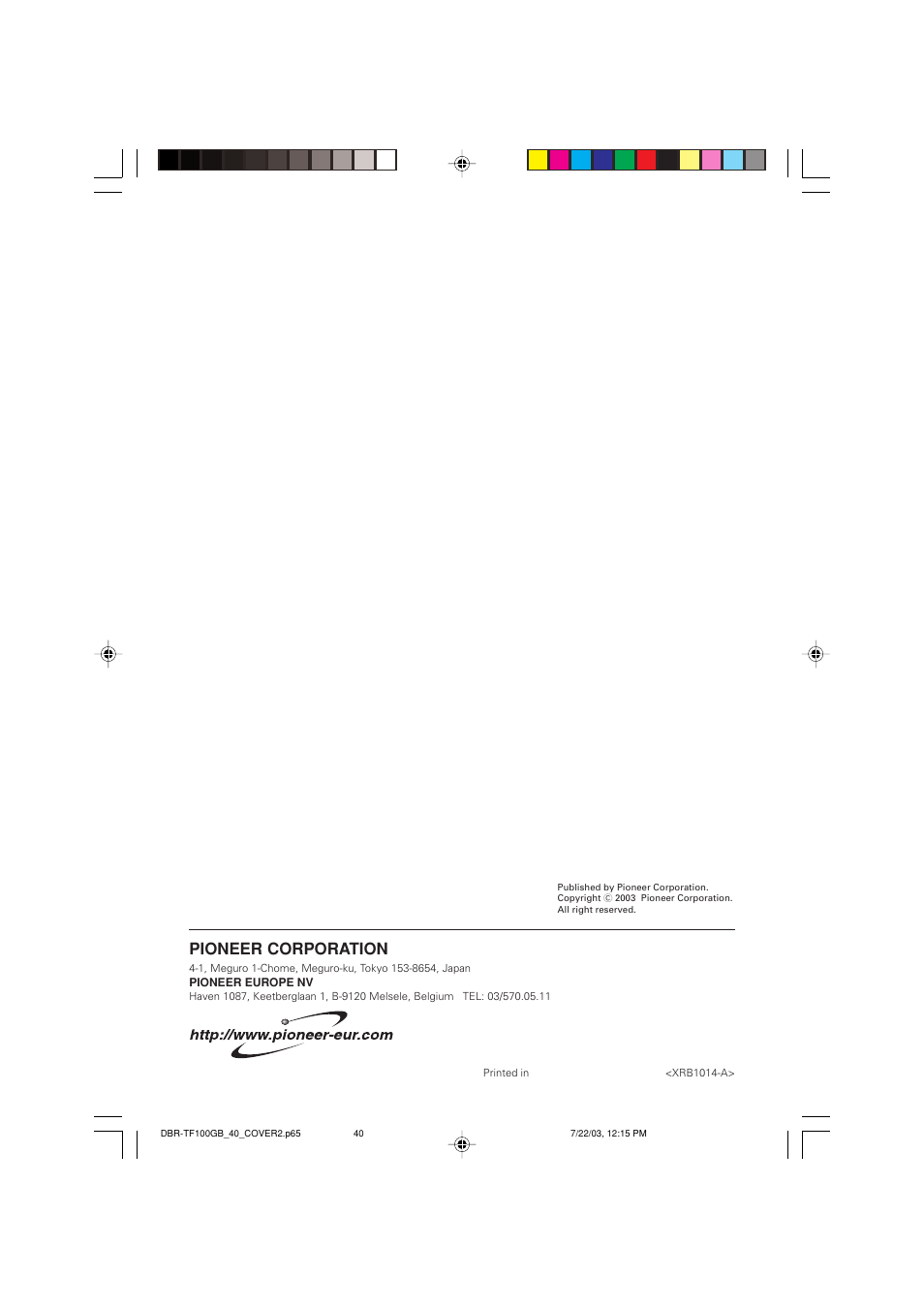 Pioneer corporation | Pioneer DBR-TF100GB User Manual | Page 40 / 40