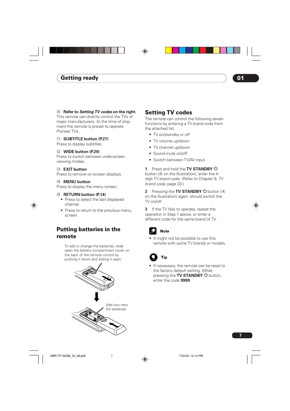 Putting batteries in the remote, Setting tv codes, Getting ready 01 | Pioneer DBR-TF100GB User Manual | Page 7 / 40