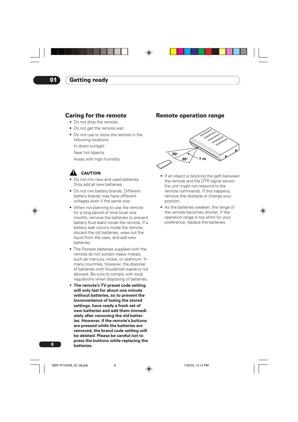 Caring for the remote, Remote operation range, Getting ready 01 | Pioneer DBR-TF100GB User Manual | Page 8 / 40