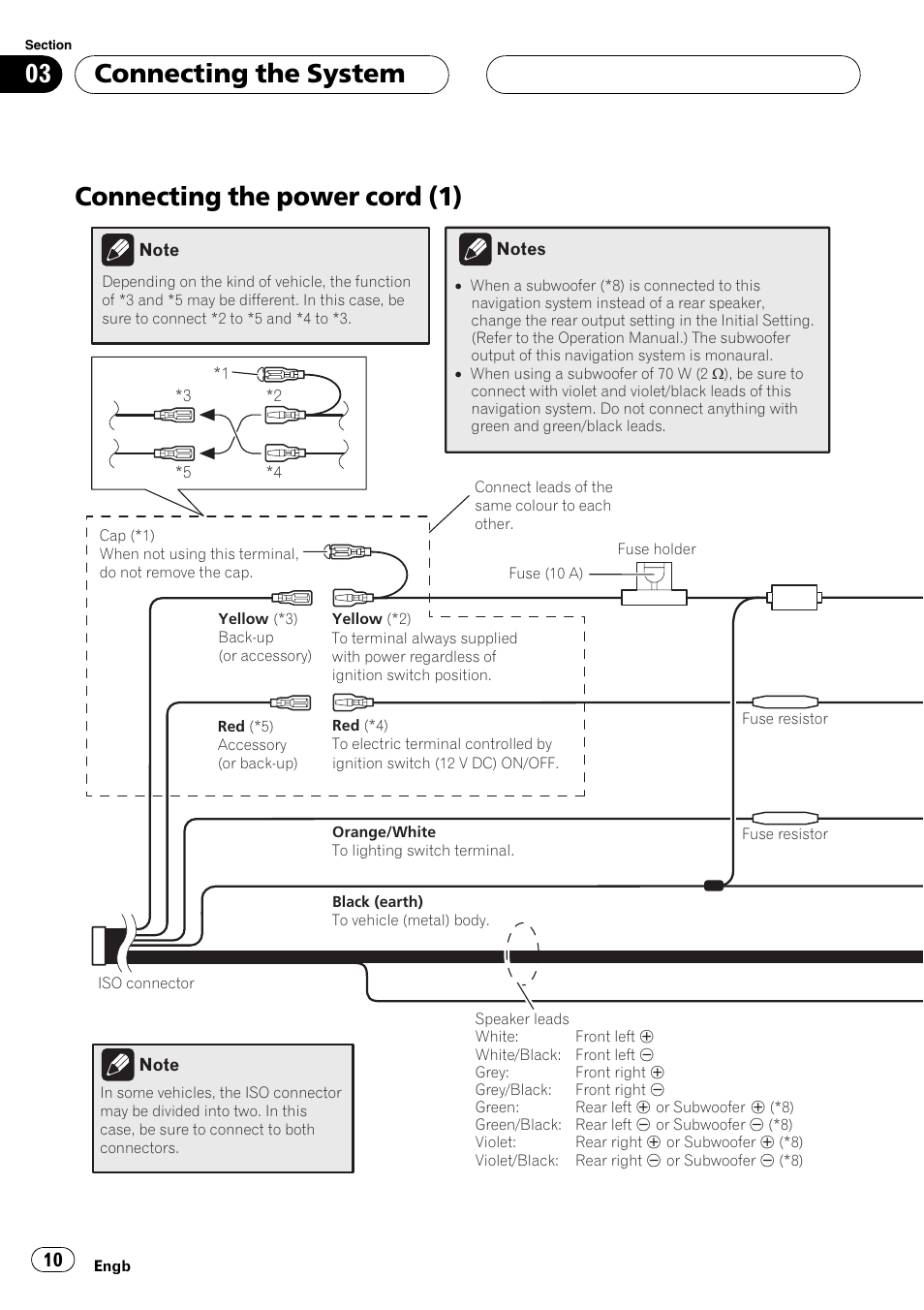 Connecting the power cord (1), Connecting the system | Pioneer AVIC-X3 User Manual | Page 10 / 182