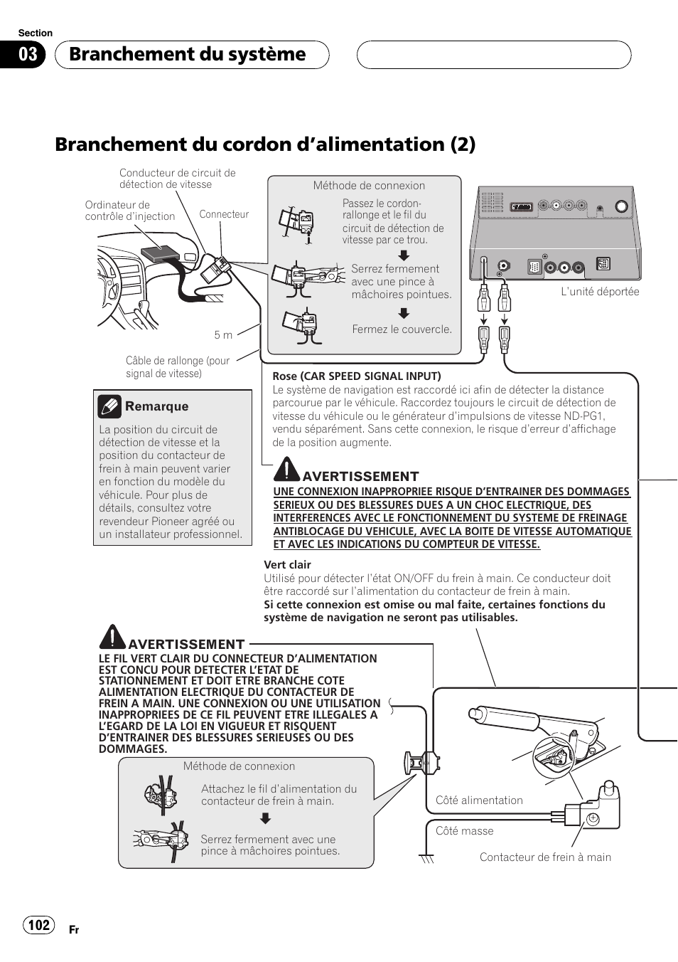 Branchement du cordon d, Alimentation, Branchement du cordon d ’alimentation (2) | Branchement du système | Pioneer AVIC-X3 User Manual | Page 102 / 182