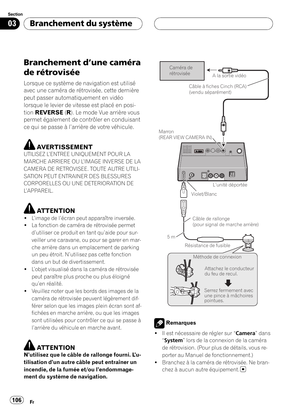 Branchement d, Une caméra de, Rétrovisée | Branchement d ’une caméra de rétrovisée, Branchement du système | Pioneer AVIC-X3 User Manual | Page 106 / 182