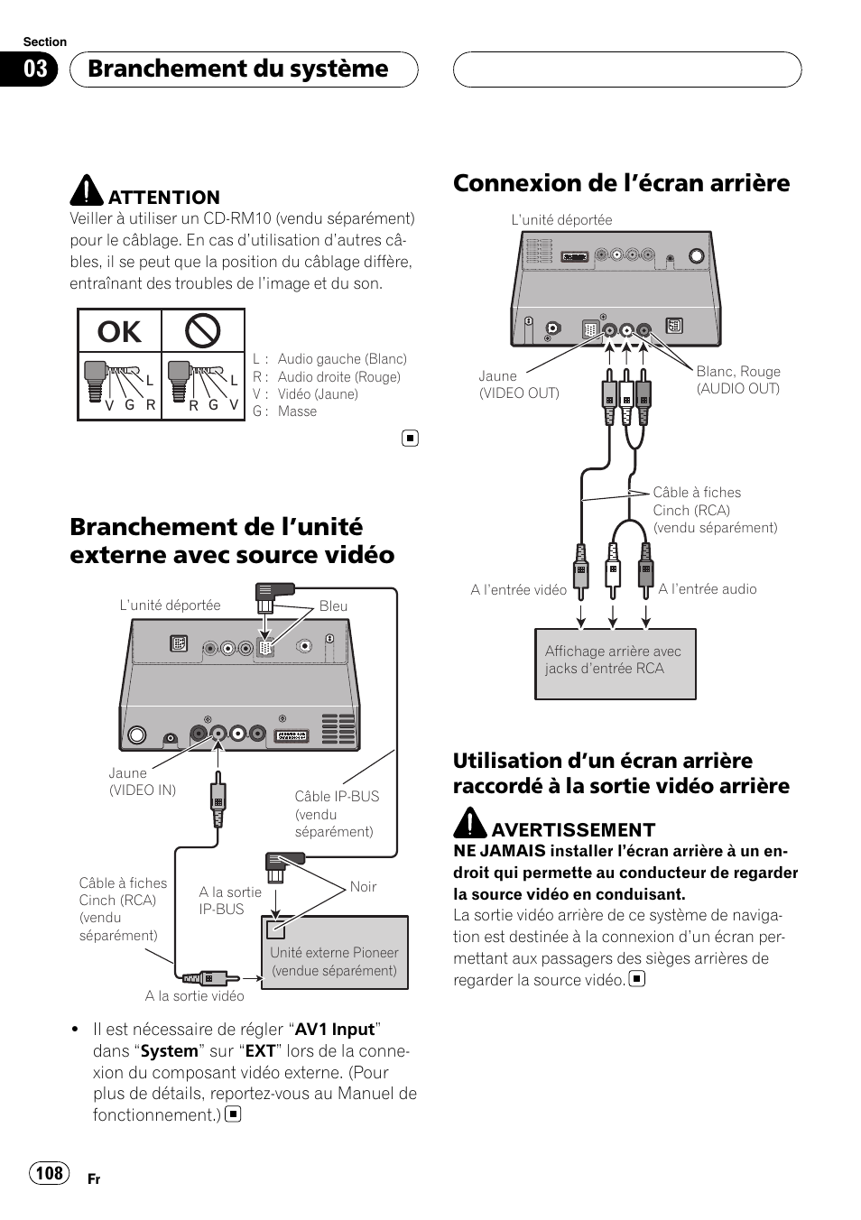 Branchement de l, Unité externe avec source, Vidéo | Connexion de l, Écran arrière 108, Utilisation d’un écran arrière raccordé, À la sortie vidéo arrière, Branchement de l ’unité externe avec source vidéo, Connexion de l ’écran arrière, Branchement du système | Pioneer AVIC-X3 User Manual | Page 108 / 182