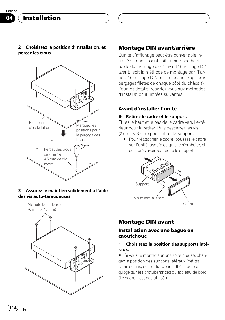Montage din avant/arrière 114, Montage din avant 114, Installation | Montage din avant/arrière, Montage din avant | Pioneer AVIC-X3 User Manual | Page 114 / 182