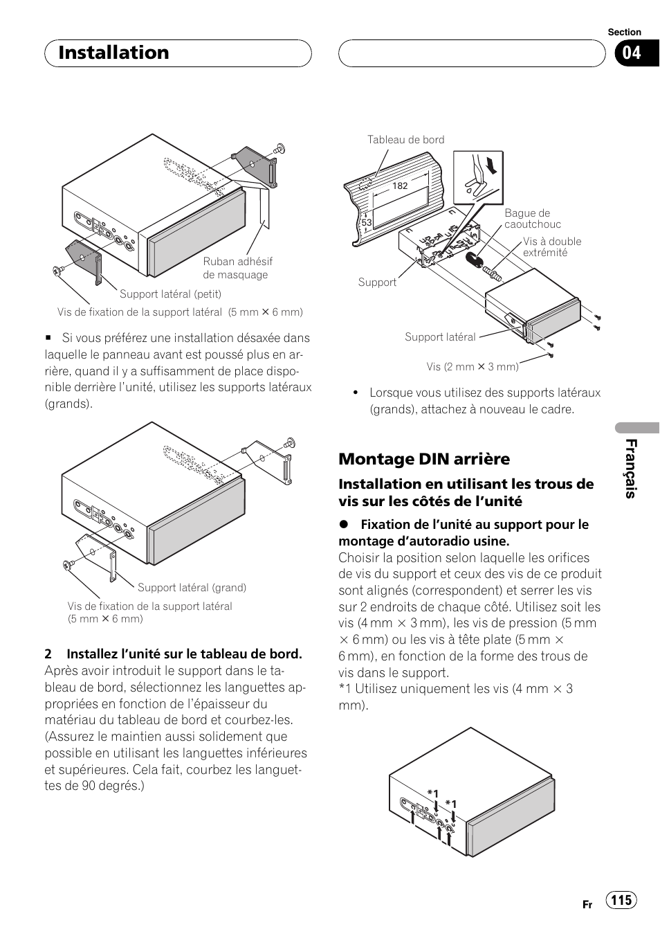 Montage din arrière 115, Installation, Montage din arrière | Pioneer AVIC-X3 User Manual | Page 115 / 182
