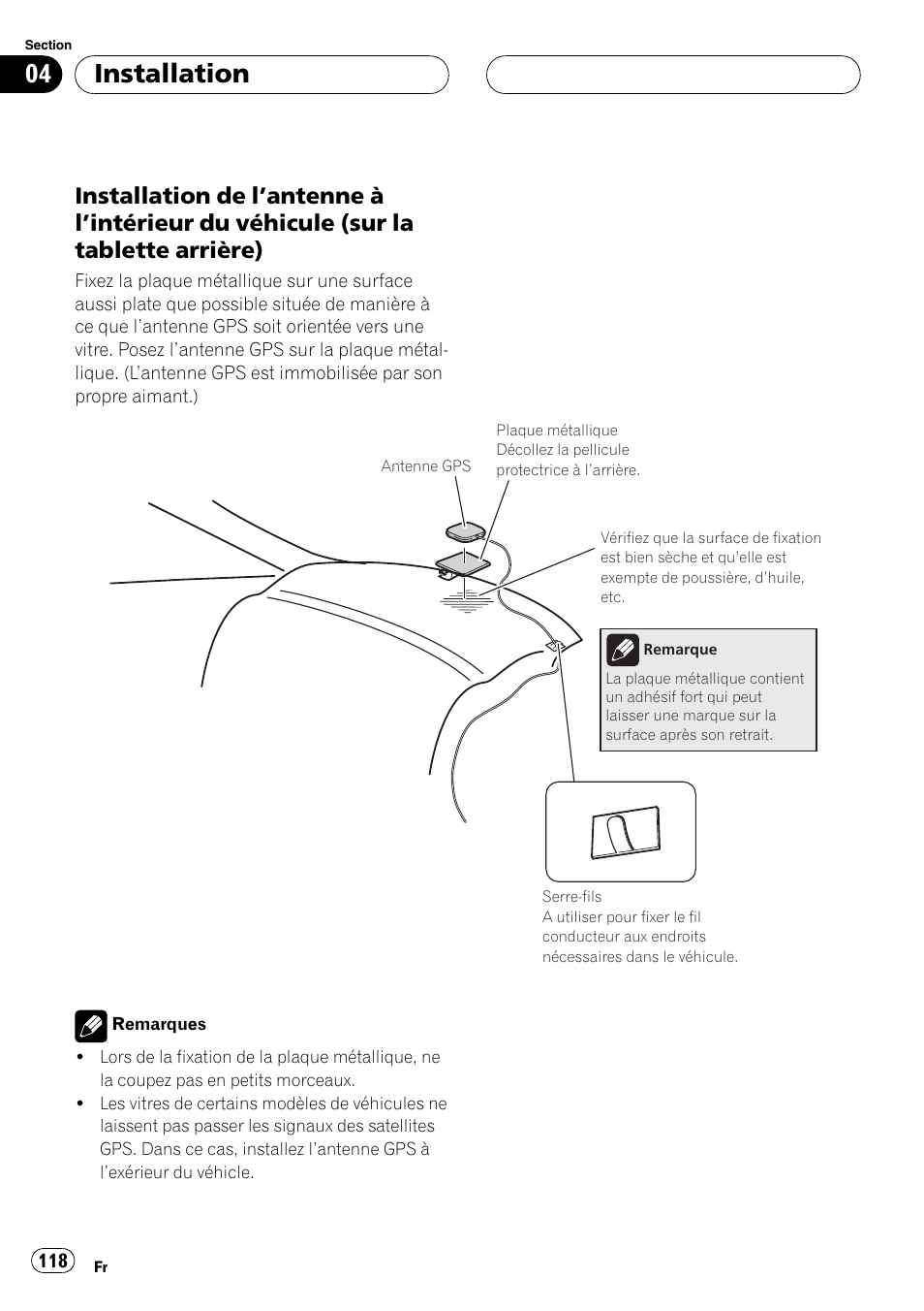 Installation de l’antenne à l’intérieur du, Véhicule (sur la tablette arrière), Installation | Pioneer AVIC-X3 User Manual | Page 118 / 182