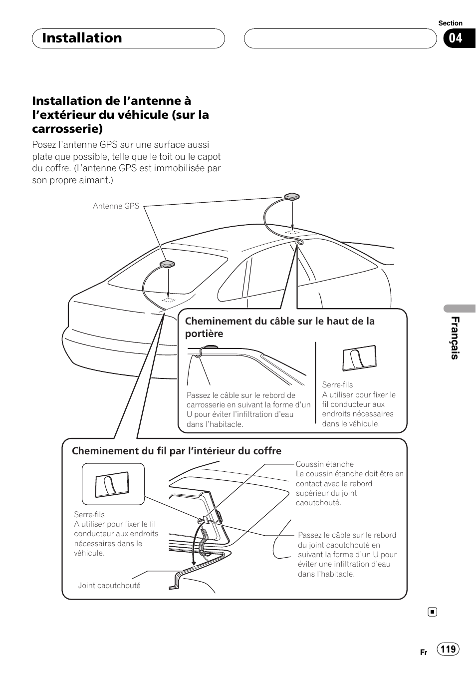 Installation de l’antenne à l’extérieur du, Véhicule (sur la carrosserie), Installation | Pioneer AVIC-X3 User Manual | Page 119 / 182