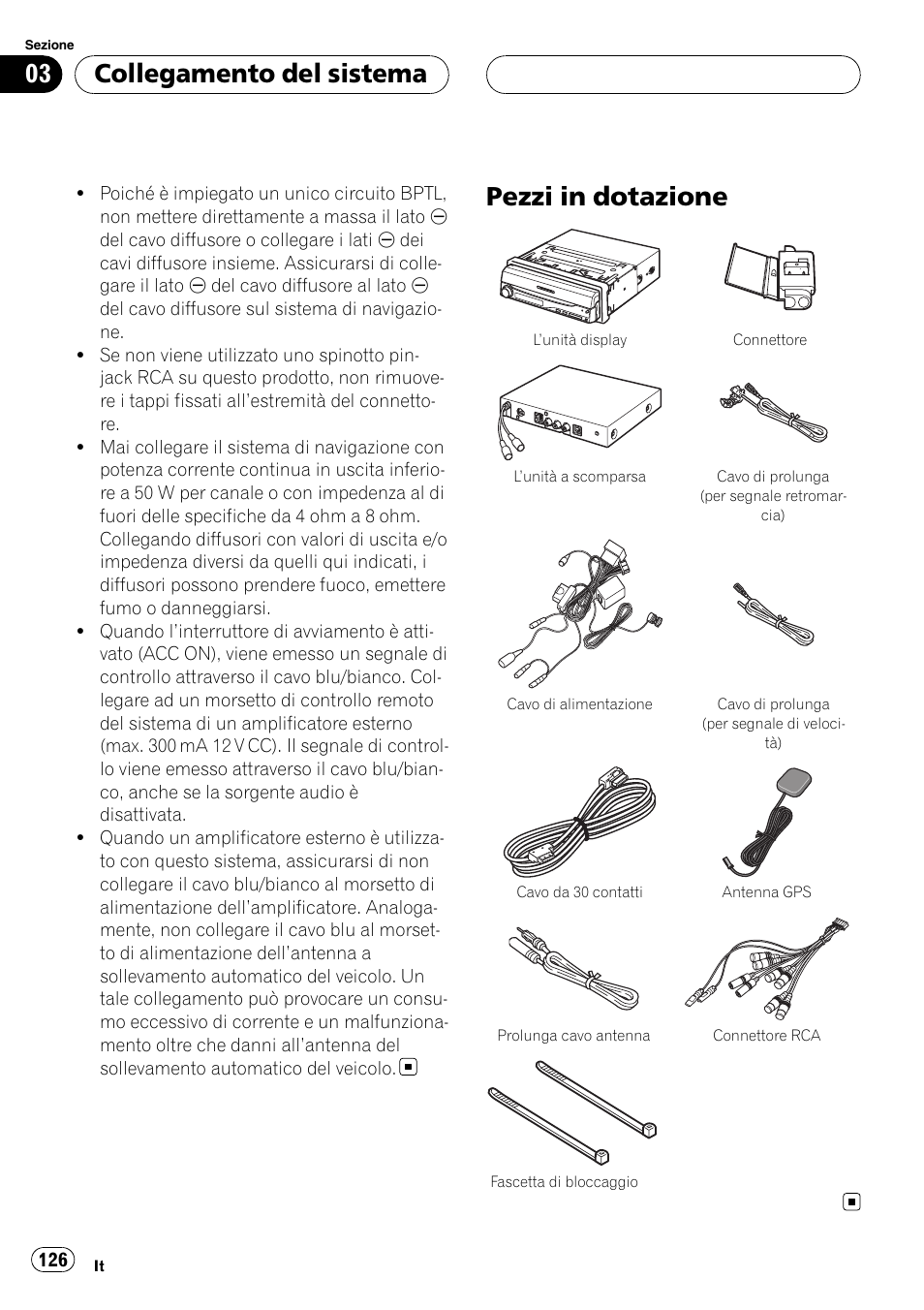 Pezzi in dotazione, Collegamento del sistema | Pioneer AVIC-X3 User Manual | Page 126 / 182