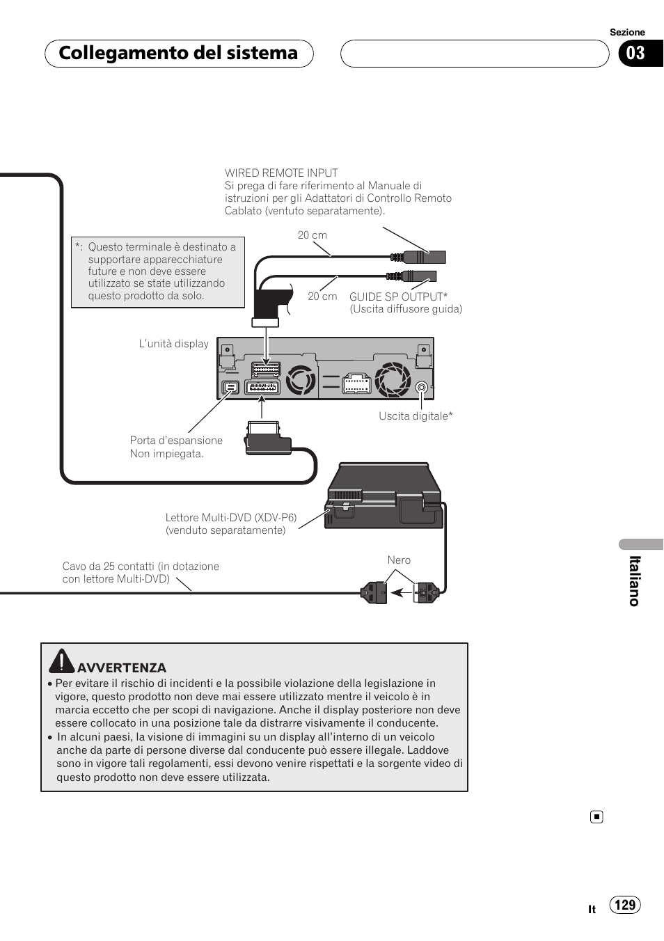 Collegamento del sistema, Italiano | Pioneer AVIC-X3 User Manual | Page 129 / 182
