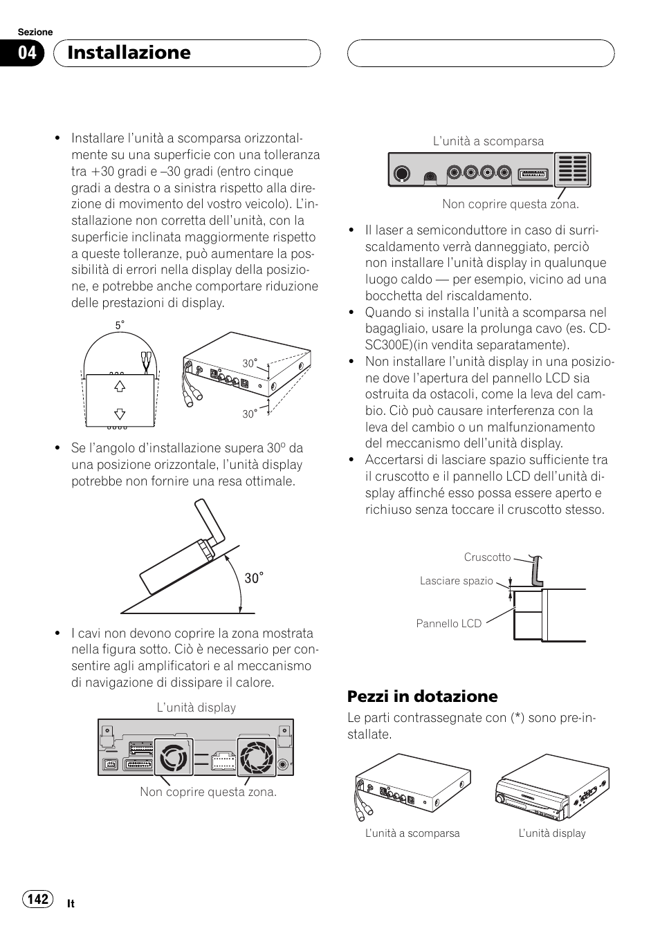 Pezzi in dotazione 142, Installazione, Pezzi in dotazione | Pioneer AVIC-X3 User Manual | Page 142 / 182