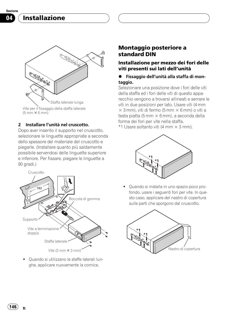Montaggio posteriore a standard, Installazione, Montaggio posteriore a standard din | Pioneer AVIC-X3 User Manual | Page 146 / 182