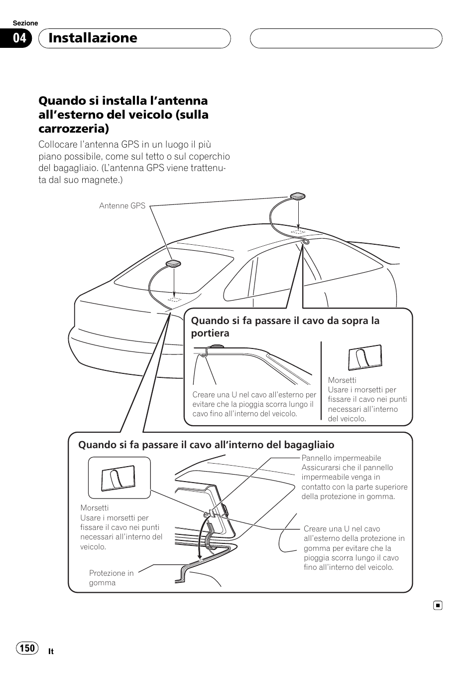 Quando si installa l’antenna all’esterno, Del veicolo (sulla carrozzeria), Installazione | Pioneer AVIC-X3 User Manual | Page 150 / 182
